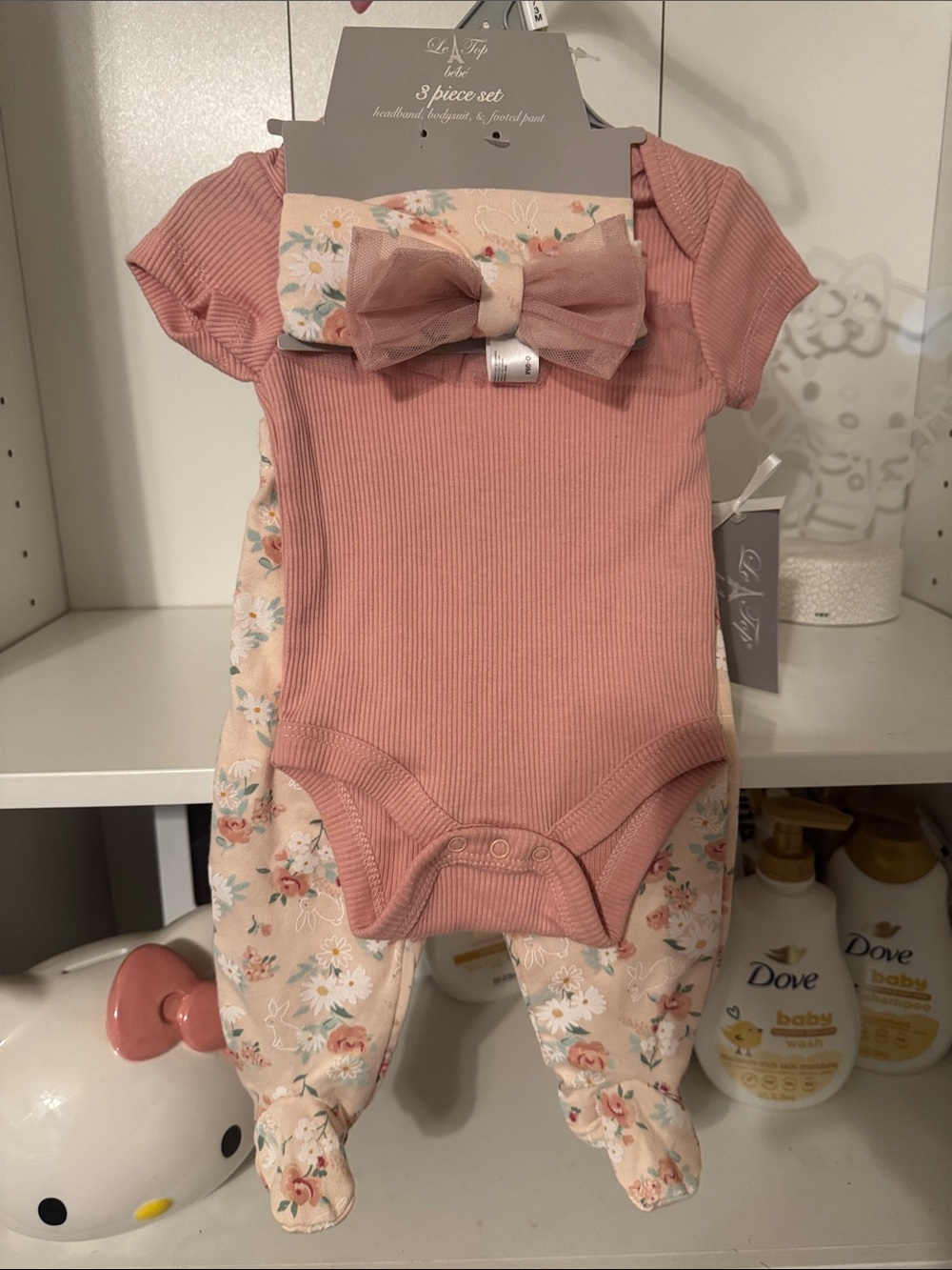 Le Top Pink Ribbed Baby One-Piece with Floral Footed Pants & Bow